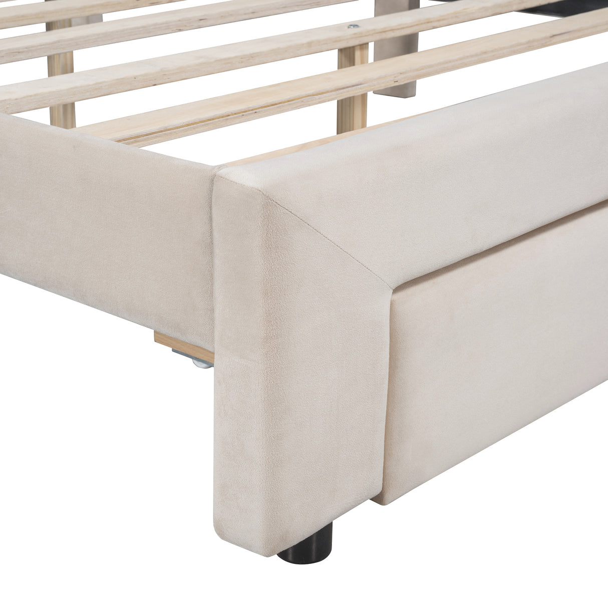 Queen Size Storage Bed Velvet Upholstered Platform Bed with a Big Drawer - Beige - V.I.P Digital Presence
