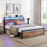 Full size bedstead with storage headboard and 2 drawers, LED light bed with charging station, metal Flat noodles support - V.I.P Digital Presence