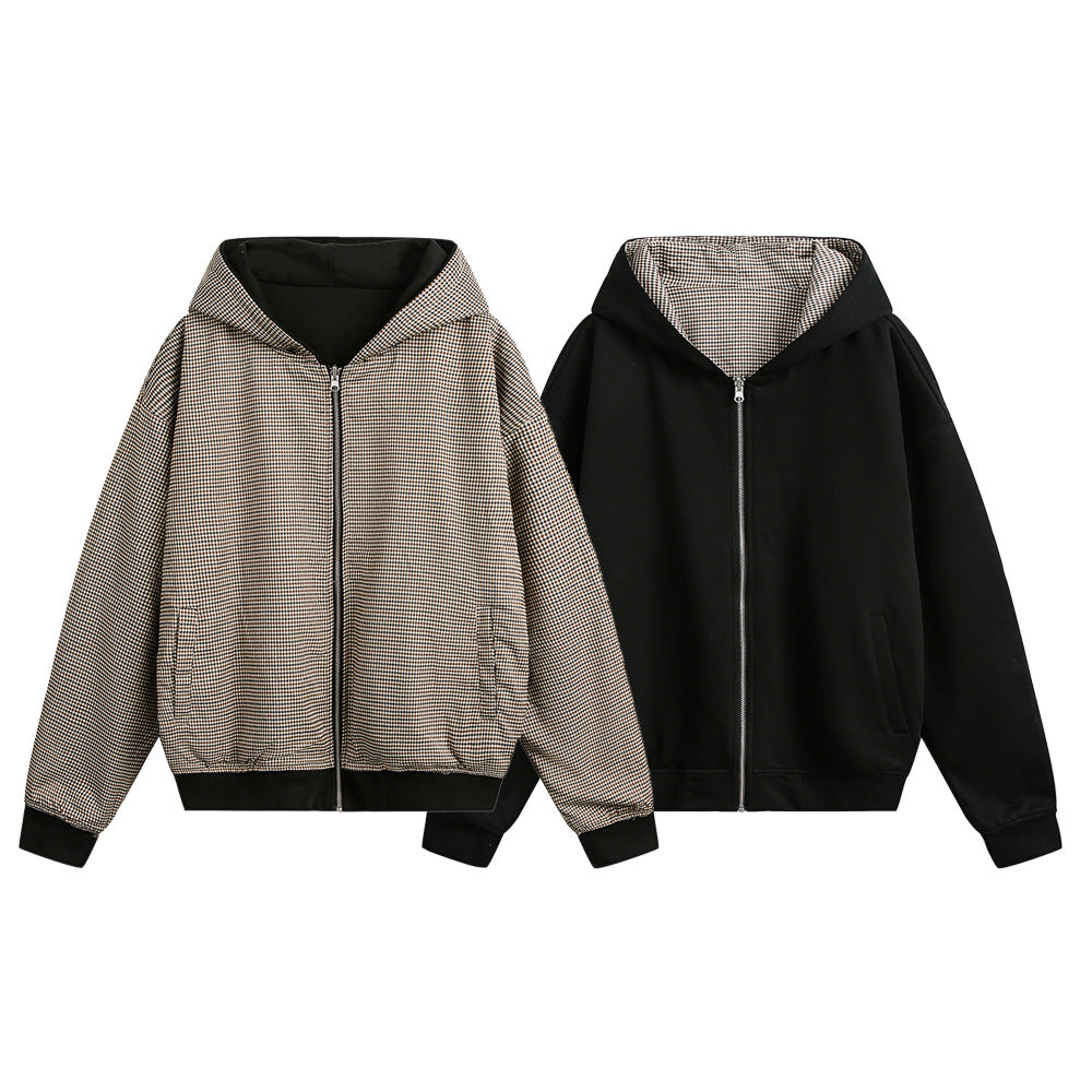 Double-sided Wear Hooded Cardigan Unisex Spring and Autumn Casual Loose Fit Plaid Short Jacket Two-Way Wearing - V.I.P Digital Presence