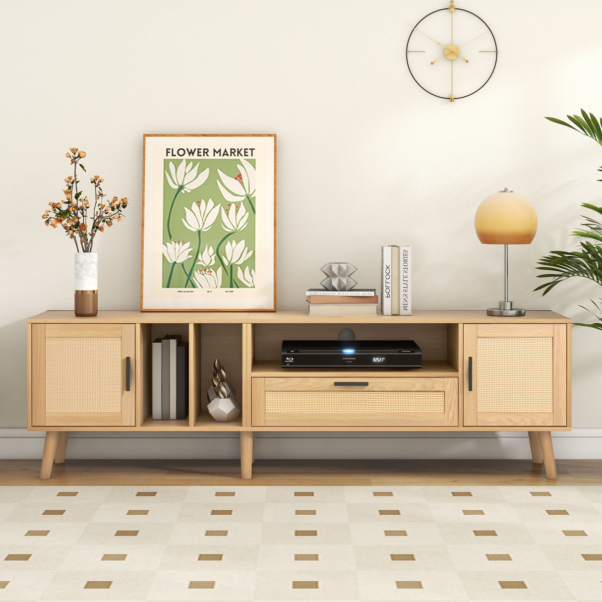 Vine TV stand with 2 cabinets and 2 open shelves, suitable for TVs under 80 inches, with solid wood legs for TV cabinets - V.I.P Digital Presence