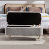 Grey Storage Ottoman Bench for End of Bed Gold Legs Modern Grey Faux Fur Entryway Bench - V.I.P Digital Presence