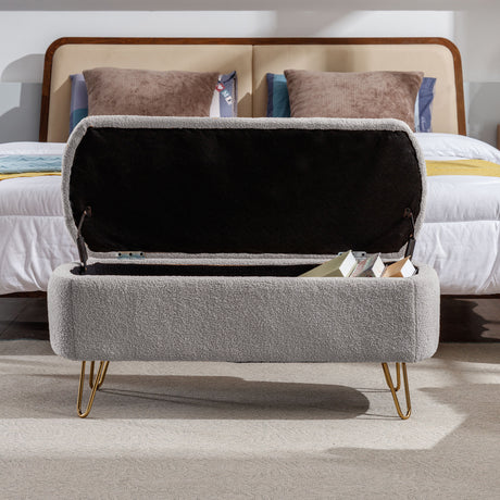 Grey Storage Ottoman Bench for End of Bed Gold Legs Modern Grey Faux Fur Entryway Bench - V.I.P Digital Presence