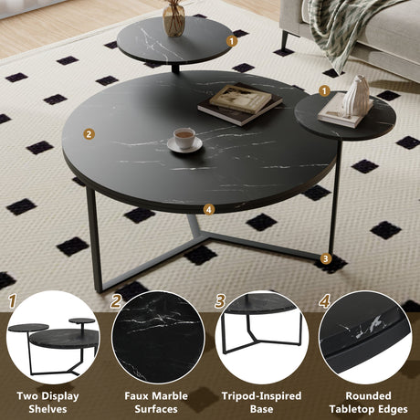 Modern coffee table with two display shelves, Black Faux marble surfaces, Tripod-inspired base,Rounded tabletop edges - V.I.P Digital Presence