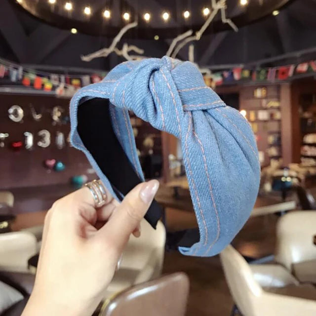 New Fashion Denim Hairband Wide Side Headband Center Knot Headwear Soft Turban Hair Accessories - V.I.P Digital Presence