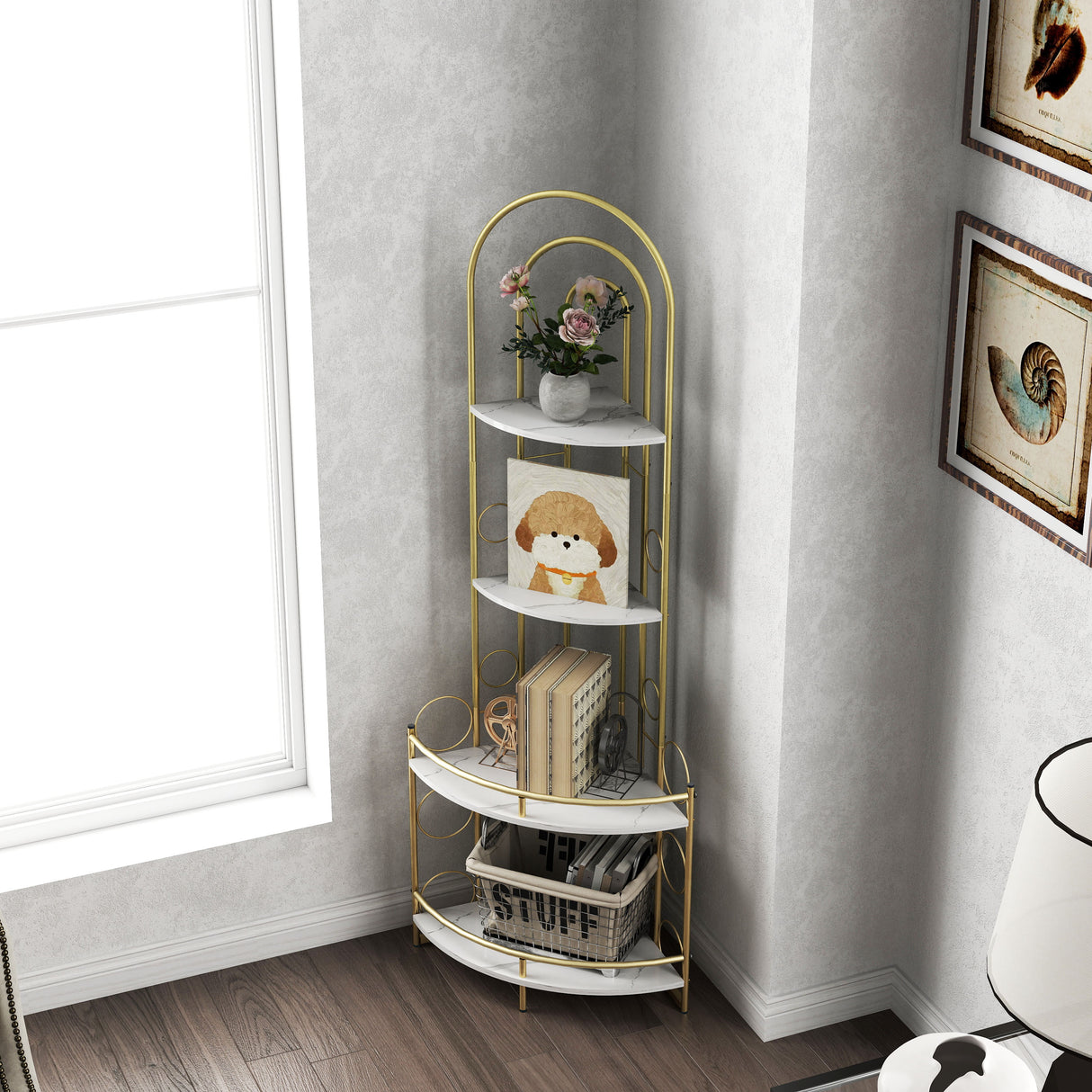 Gold 4-Tier Corner Bookshelf, Modern Style, Plant Stand with Metal Frame - V.I.P Digital Presence