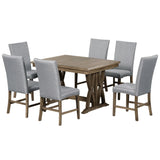TOPMAX Mid Century Solid Wood 7-Piece Expandable Dining Table Set with Soft Cushioned Chair, Gold Brown+Gray Cushions