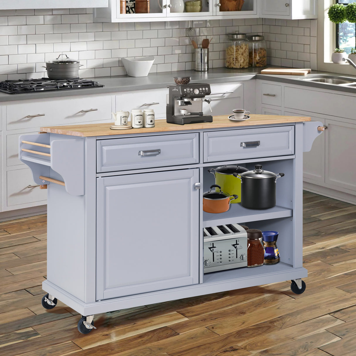 Cambridge Natural Wood Top Kitchen Island with Storage Gray + Solid Wood+MDF