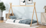 Twin Size Tent Floor Bed with Triangle Structure  White+Natural