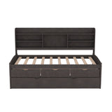 Twin Size Wooden Captain Bed with Built-in Bookshelves,Three Storage Drawers and Trundle,Antique Gray