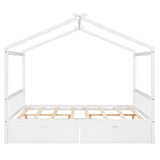 Full Size House Platform Bed with Two Drawers Headboard and Footboard,Roof Design White