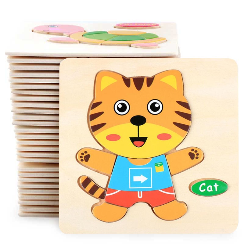 Rompecabezas 3D de madera para niños, juguete educativo de aprendizaje temprano con dibujos de animales, vehículo, rompecabezas de madera, #L505
