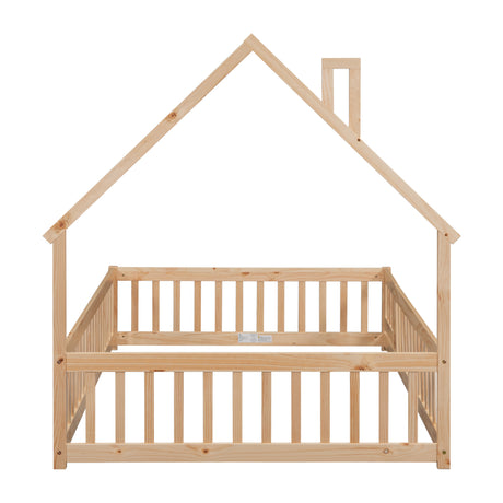 Full House-Shaped Headboard Floor Bed with Fence Natural - V.I.P Digital Presence