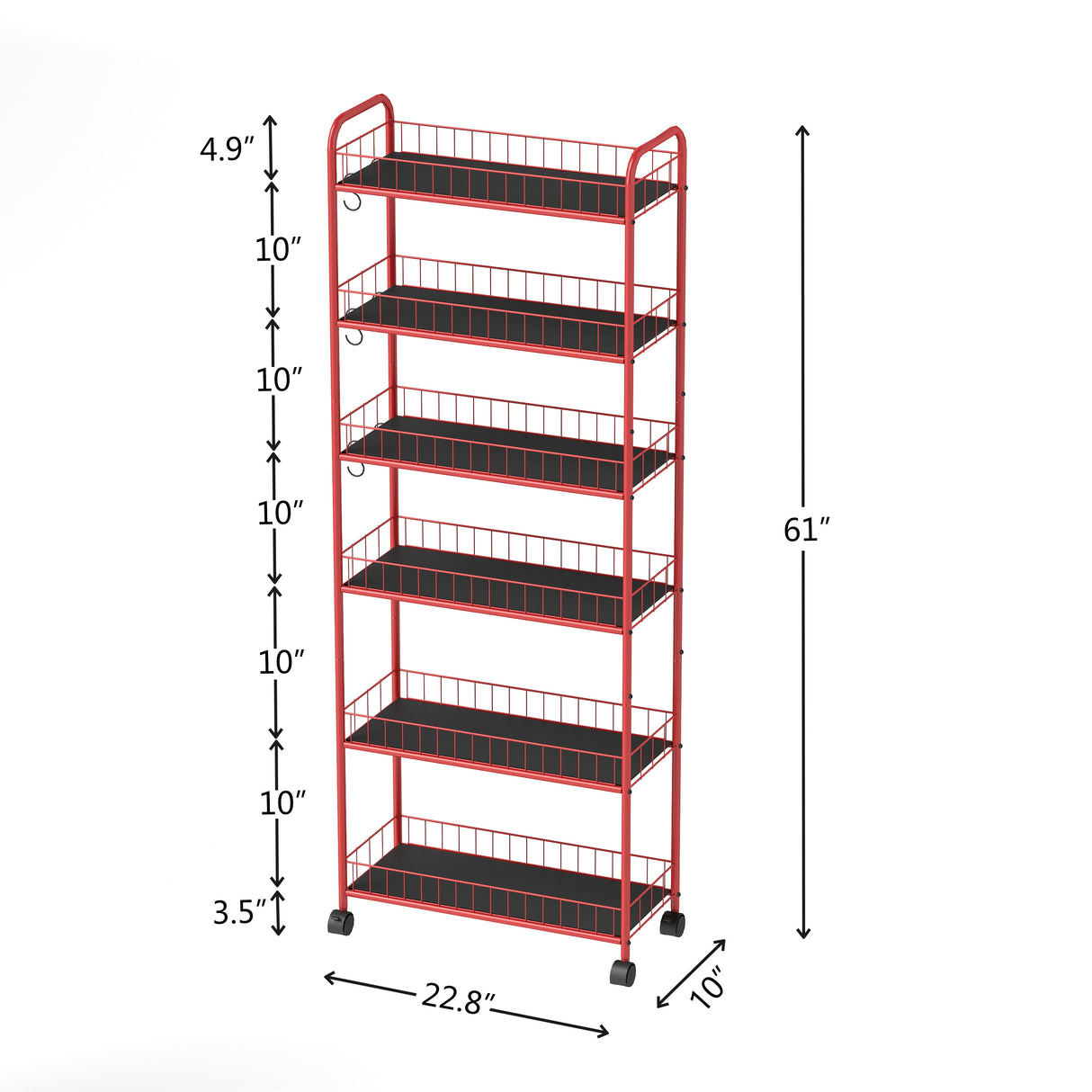 Red 6-story ultra-thin rolling storage cart, mobile shelves with wheels, metal wire storage rack with baskets - V.I.P Digital Presence
