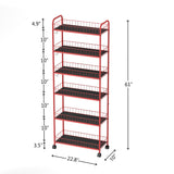 Red 6-story ultra-thin rolling storage cart, mobile shelves with wheels, metal wire storage rack with baskets - V.I.P Digital Presence