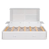 Queen Size Mobile Murphy Bed with Drawer and Little Shelves on Each Side White