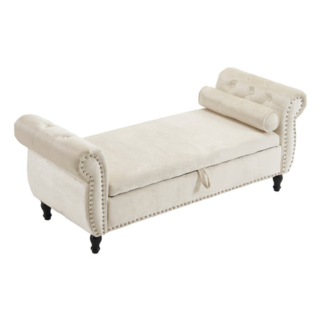 Velvet Multifunctional Storage Rectangular ottoman bench with 1 Pillow, Beige - V.I.P Digital Presence