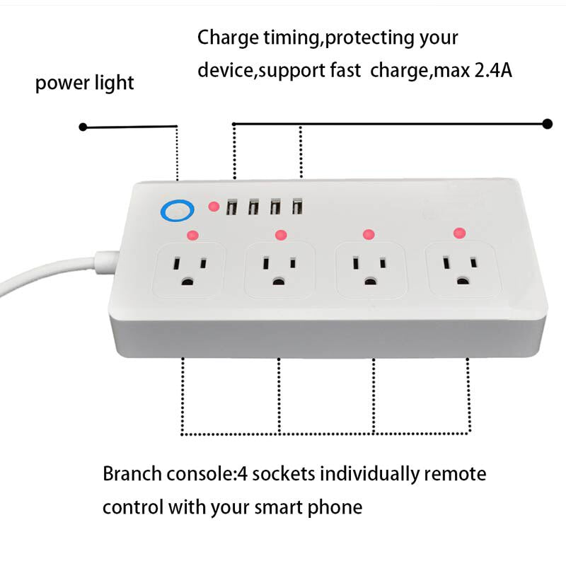 Regleta de enchufes inteligente, extensión con WiFi y múltiples tomas de corriente, 4 USB y 4 enchufes de CA con control individual de Tuya. 