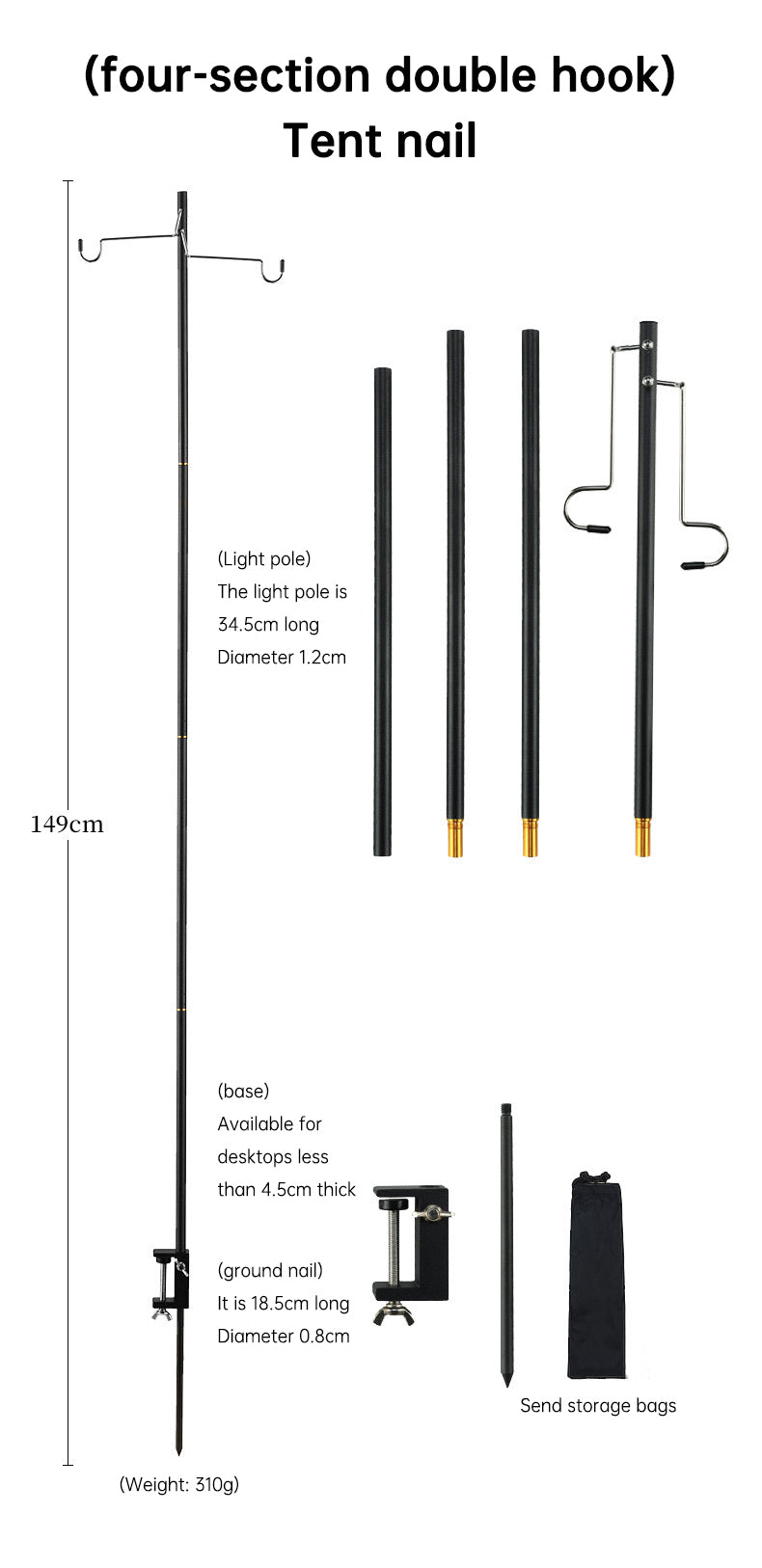 Soporte para lámpara de camping portátil de aleación de aluminio ligero para exteriores con bolsa de almacenamiento