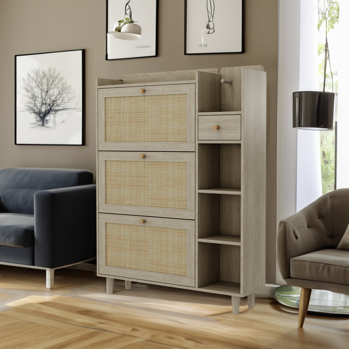 Natural Bohemian style shoe cabinet with 3 rattan flip drawers, 3 square shelves, and 1 storage drawer,  Natural - V.I.P Digital Presence