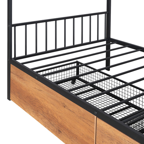 Twin Size Metal House Bed with Two Drawers, Black - V.I.P Digital Presence