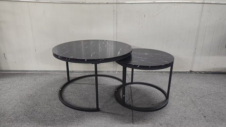 A set of nested coffee tables, 27.6-inch round coffee table, wooden marble patterned tabletop, sturdy metal frame (black) - V.I.P Digital Presence