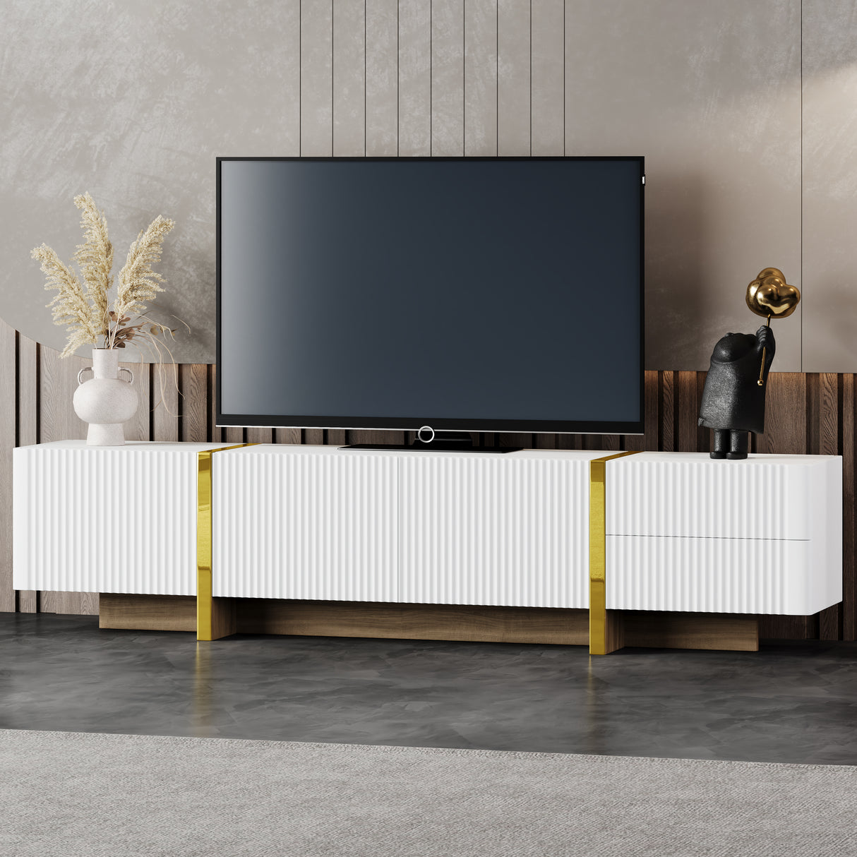 Luxury Fluted TV Stand for TVs Up to 80'', Modern Entertainment Center with Storage Cabinets & Drawer White - V.I.P Digital Presence