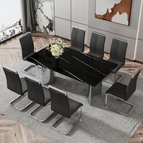 Modern minimalist dining table The black imitation marble glass desktop is equipped with silver metal legs - V.I.P Digital Presence
