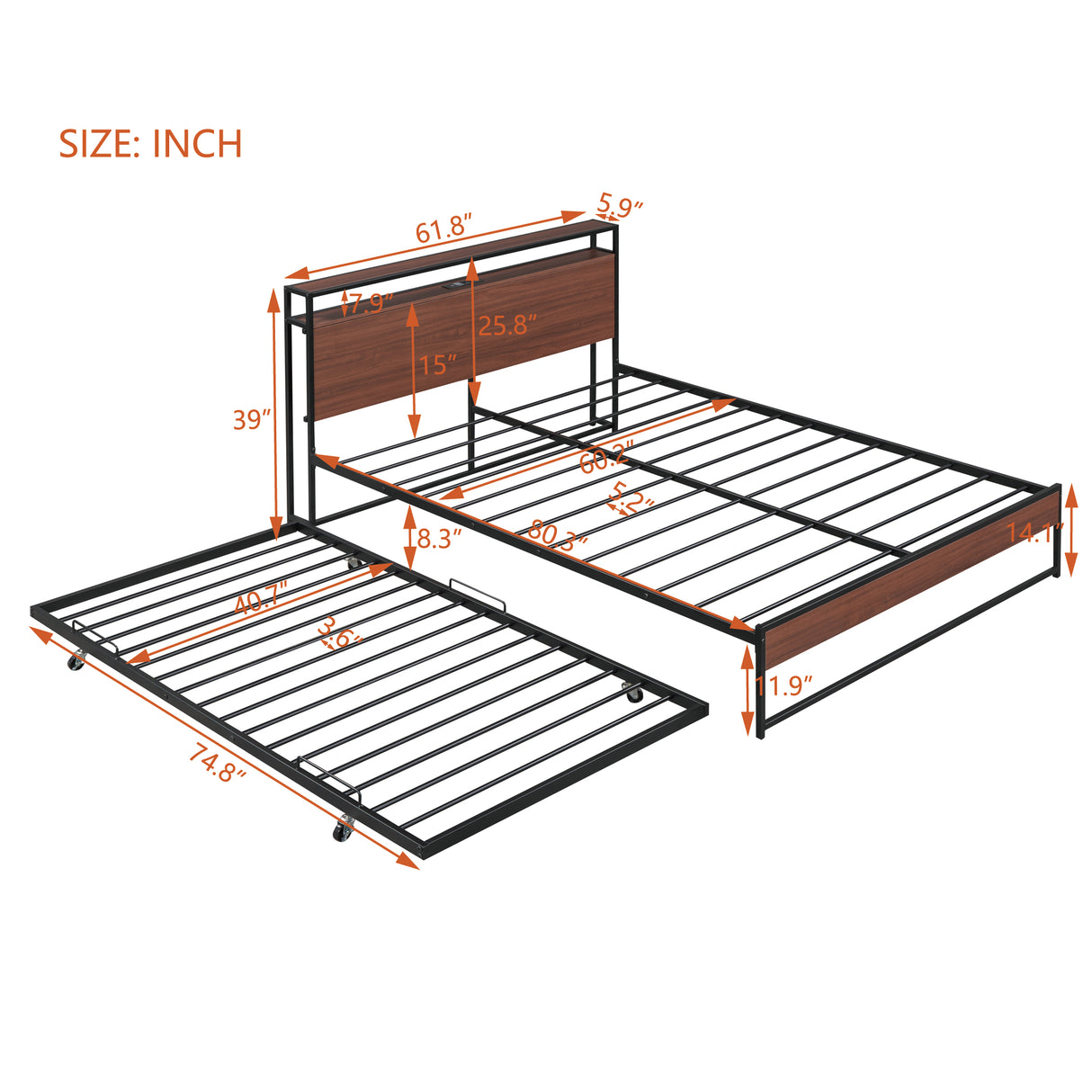 Queen Size Metal Platform Bed Frame with Trundle, USB Ports and Slat Support ,No Box Spring Needed Black - V.I.P Digital Presence