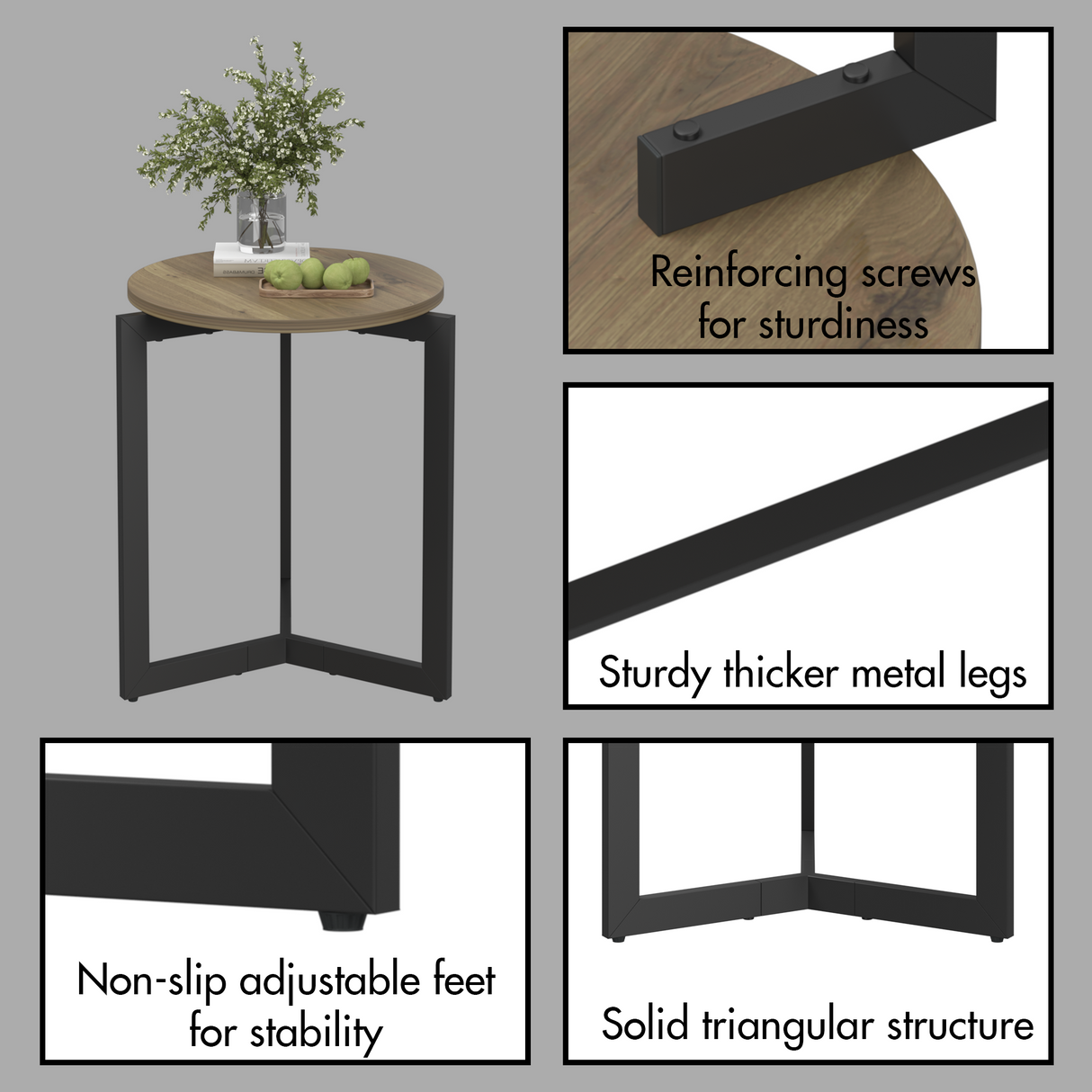 19.68''H Round Side Table, Round Accent End Table with Sturdy Metal Frame, Round Nightstand, for Living Room, Brown - V.I.P Digital Presence