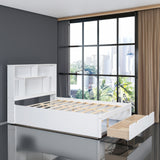 Full Size Platform Bed with Storage Headboard and 2 Drawers, White - V.I.P Digital Presence