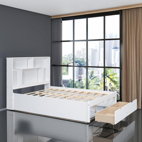 Full Size Platform Bed with Storage Headboard and 2 Drawers, White - V.I.P Digital Presence
