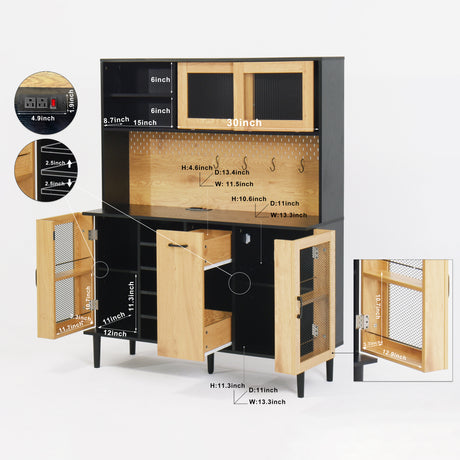 59 "H buffet side cabinet with storage door and power outlet, coffee bar cabinet with wine rack, black and natural colors - V.I.P Digital Presence