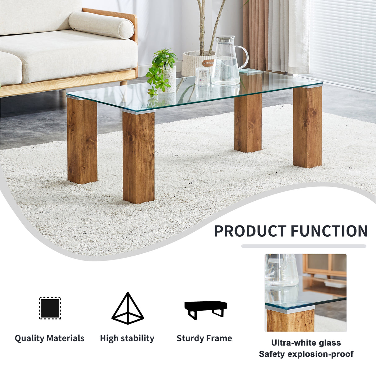 Glass-Top Coffee Table tea table with MDF Legs - Stylish Blend of Elegance and Durability 44.9"*21.7"*16.9"