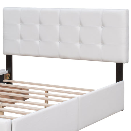 Upholstered Platform Bed with Classic Headboard and 4 Drawers No Box Spring Needed Linen Fabric Queen Size White - V.I.P Digital Presence