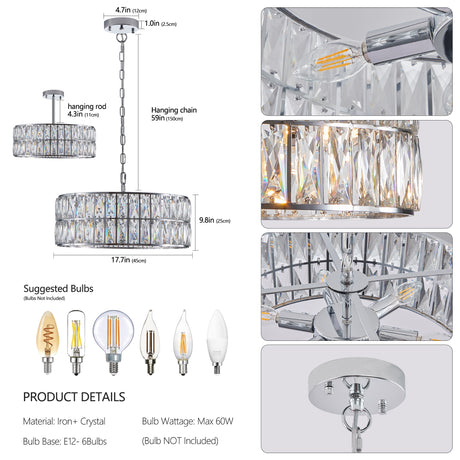 Modern crystal drum pendant light, 6-light pendant light, with silver metal frame (excluding light bulb) - V.I.P Digital Presence