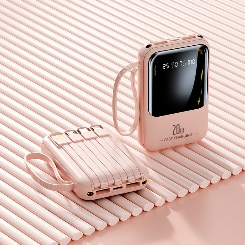 Mini banco de energía portátil de carga rápida de gran capacidad de 20000 mAh con línea autónoma