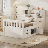 Twin Size Captain Platform Bed Frame with Storage Bookcases and Shelves,Four Drawers,White - V.I.P Digital Presence