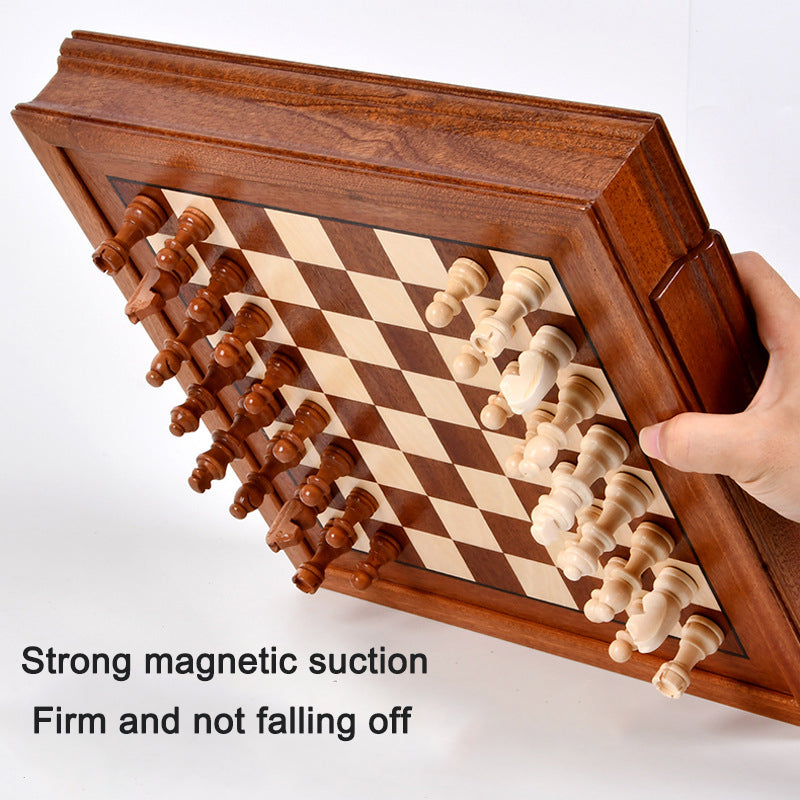 Juego de caja de ajedrez magnética con tablero de ajedrez empalmado de chapa de madera maciza estilo cajón