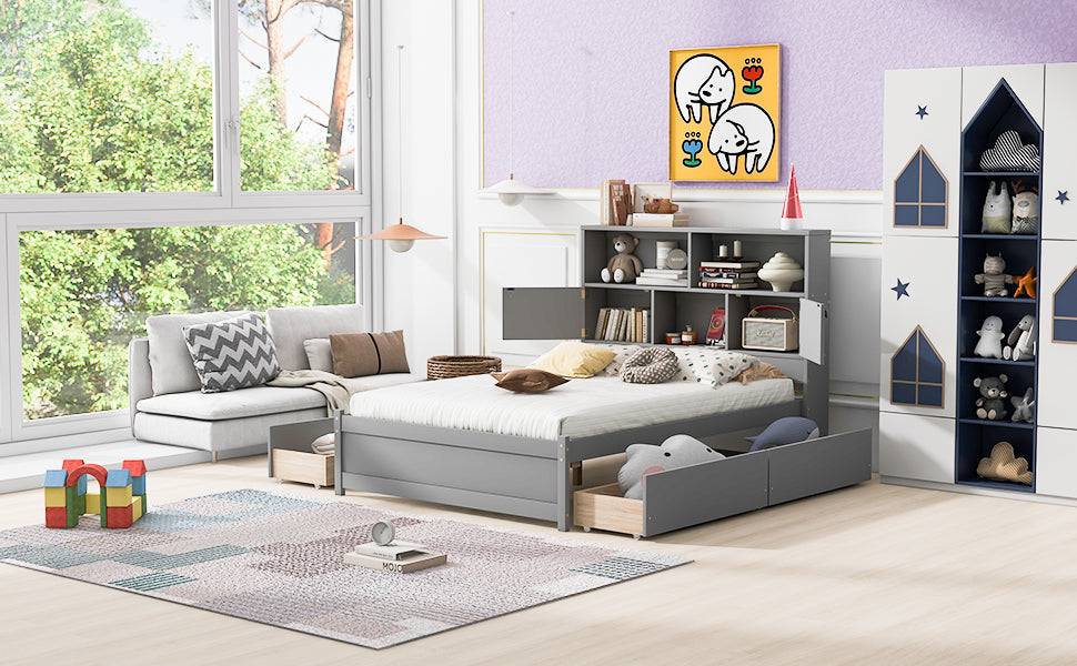 Full Size Platform Bed with Storage Headboard, Charging Station and 4 Drawers, Gray - V.I.P Digital Presence