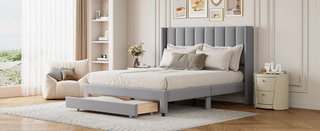 Full Size Storage Bed Velvet Upholstered Platform Bed with a Big Drawer - Gray - V.I.P Digital Presence