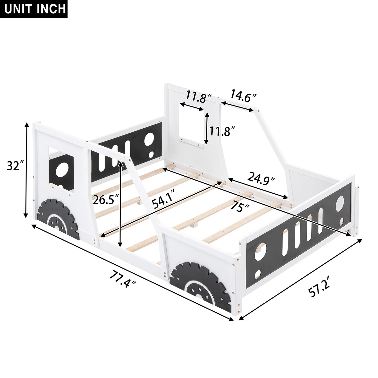 Full Size Classic Car-Shaped Platform Bed with Wheels White