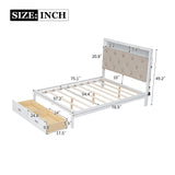 Wood Full Size Platform Bed with Upholstered Headboard and LED and 2 Drawers, Antique White - V.I.P Digital Presence