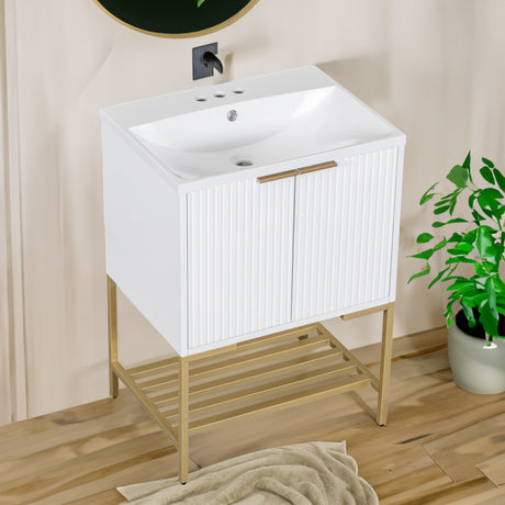 24" Bathroom Vanity with Sink, Bathroom Vanity Cabinet with Two Doors and Gold Metal Frame, Open Storage Shelf, White - V.I.P Digital Presence