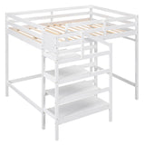 Full Size Loft Bed with Built-in Storage Staircase and Hanger for Clothes  White