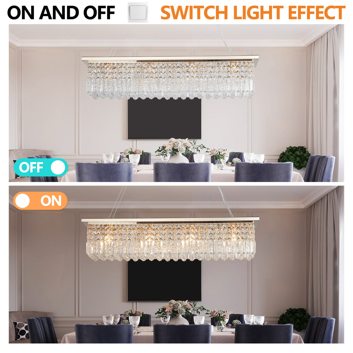 Modern Crystal Chandelier for Dining Room 8-Light Gold Rectangle Raindrop Chandelier L39.4'' x W9.8'' x H8.7'(Bulb Not Included) - V.I.P Digital Presence