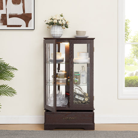 Light colored glass cabinet with adjustable glass frame Curio display cabinet, 2 doors and 1 drawer light bulb cherry color - V.I.P Digital Presence