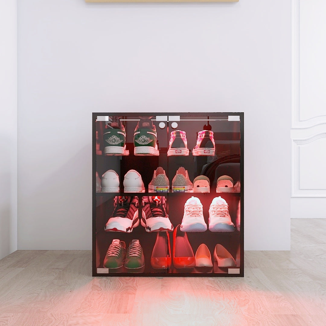 4 Layers Black Shoe Cabinet with Glass Door and Glass Layer Shoes Display Cabinet with LED light Bluetooth Control - V.I.P Digital Presence