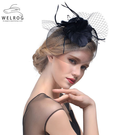 WELROG Feather Cap Lady Cocktail Dinner Party Fedoras Wedding Bridal Mesh Veil Hats Vintage Sombreros Chapeau Fascinators Hat - V.I.P Digital Presence