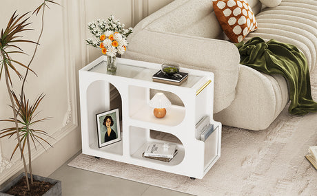 Stylish mobile desk with lockable wheels, white bedside table with 5mm thick grooved tempered glass and gold round bars - V.I.P Digital Presence