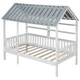 Wood Twin Size House Bed with Roof, Guardrail and Shelves, White - V.I.P Digital Presence